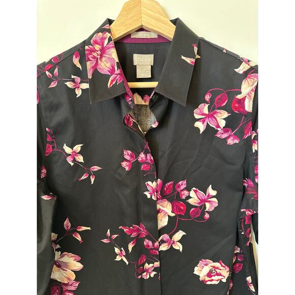 Chico’s Floral No-Iron Black Purple Sateen Button Up Shirt Cotton Size 1 = 8/10 - Picture 3 of 13